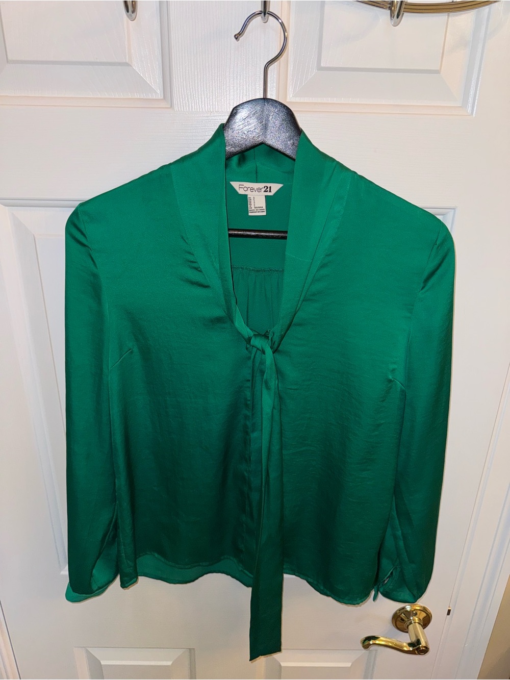 Forever 21 Long Sleeve Tie-Front Green Blouse, Size Small